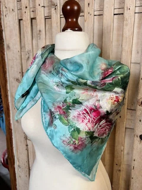 Pure fine silk turquoise floral hand rolled edge silk square scarf