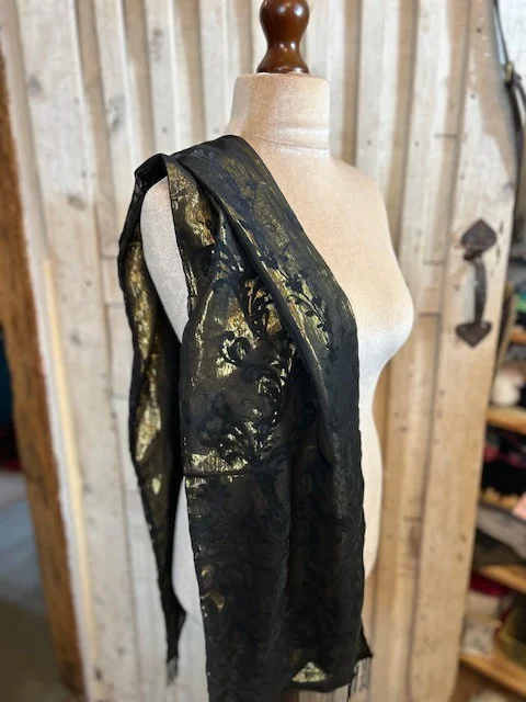 Black gold silky satin evening scarf wrap with black devore flowers & tassels view 7