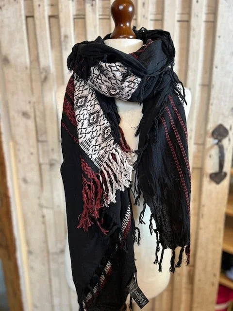 Black cotton embroidered boho hippy tassel edged pashmina shawl view 3