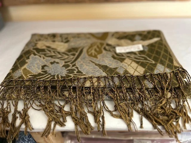 Olive khaki floral check reversible pashmina scarf with gold shimmer thread view 6