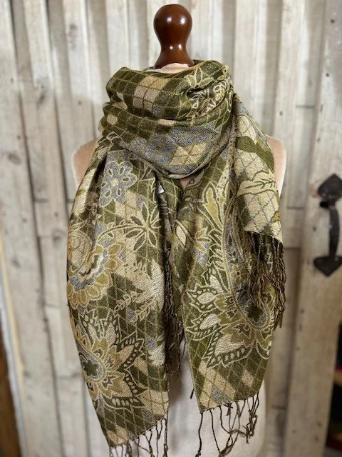 Olive khaki floral check reversible pashmina scarf with gold shimmer thread view 2