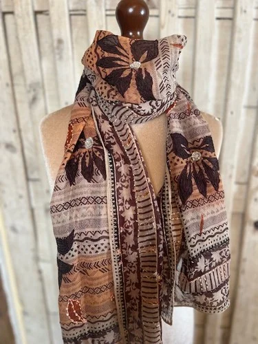 Brown pure silk long patterned scarf with embroidery & sequins view 4
