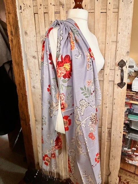 Blue multi bold floral print pure fine silk pashmina Pashmina Love view 3