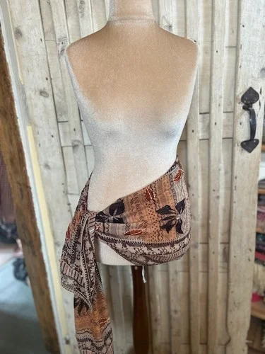 Brown pure silk long patterned scarf with embroidery & sequins view 2
