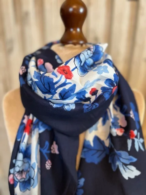 JOULES navy blue floral print pashmina scarf.