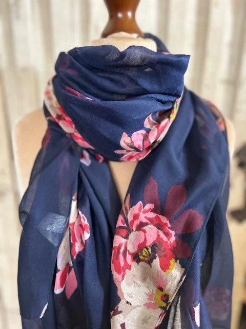 Lge JOULES navy blue floral print pashmina scarf.