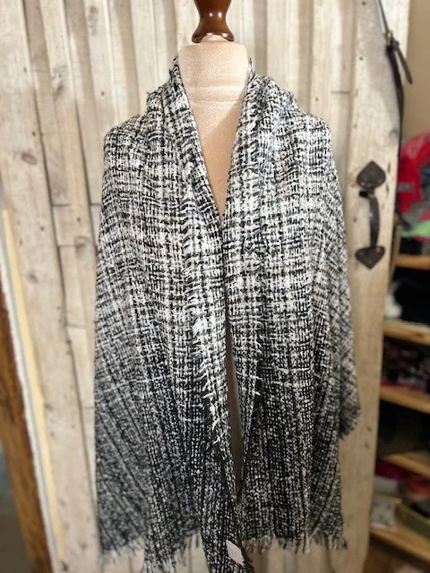 Beautifully soft black white ombre fleck loose knit tassel end scarf shawl view 3