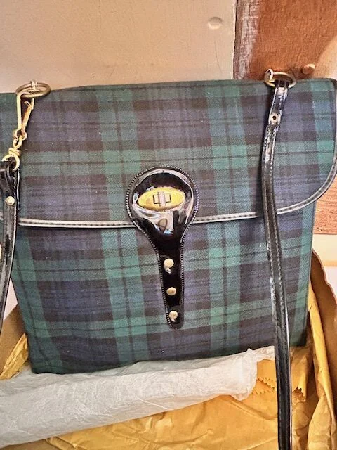 True vintage plaid check blue & green satchel shoulder bag view 5
