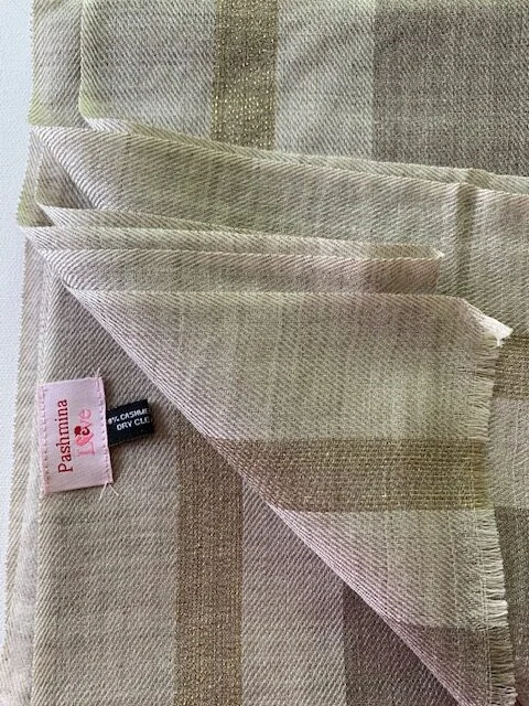 Lightweight cashmere/wool taupe & beige gold Zari shimmer pashmina by Pashmina Love view 3