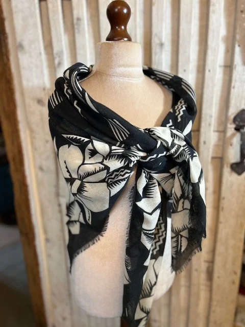 XL Black beige print square fringe edged scarf shawl view 3