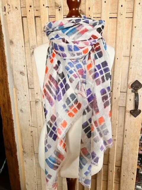 Fine cotton modal blue multi squares print pashmina by Pashmina Love view 2