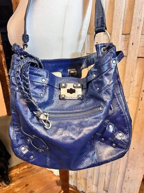 Lge JUICY COUTURE blue patent leather slouch hobo sac shoulder bag
