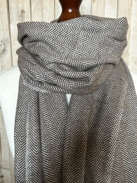Luxury pure merino wool herringbone shawl in chocolate by Pashmina Love.