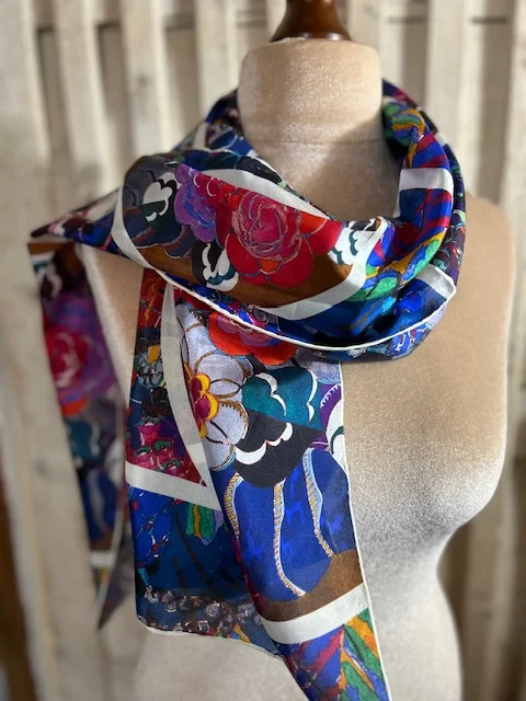 FOX & CHAVE multi coloured vibrant print pure silk scarf