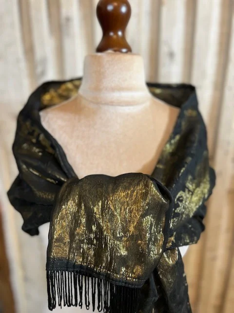 Black gold silky satin evening scarf wrap with black devore flowers & tassels
