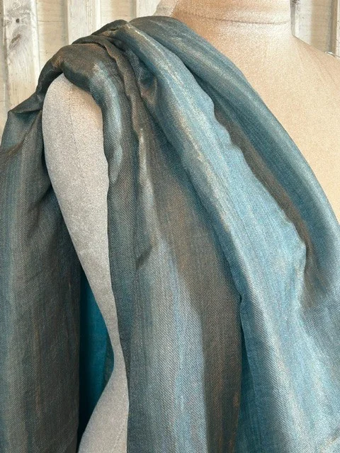 Teal blue wool & silk traditional Zari shimmer pashmina shawl by Pashmina Love view 3