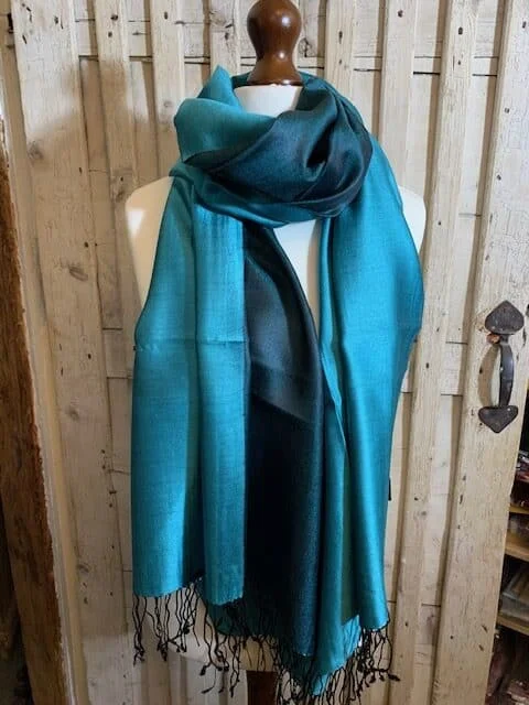 Pure silk turquoise & teal blue reversible pashmina shawl by Pashmina Love