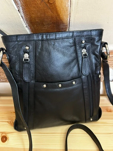 Black leather across body messenger style shoulder bag view 5