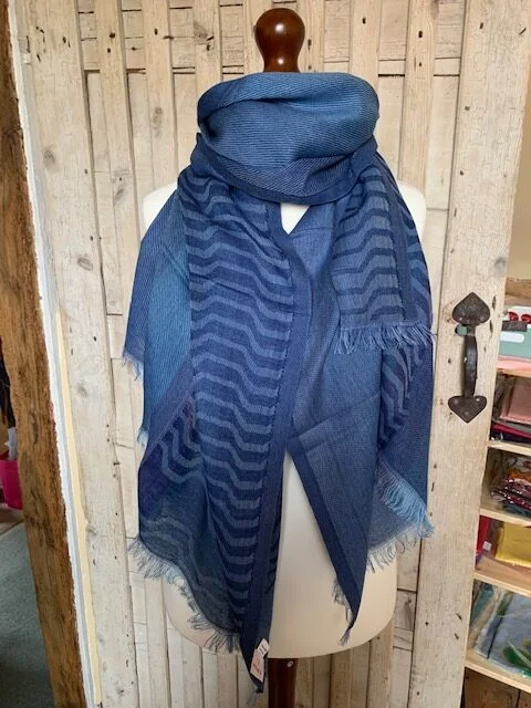 Fine cotton Jamawar denim blue patterned pashmina by Pashmina Love