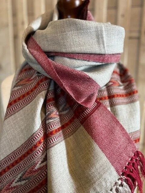 Dove grey multi pure wool Kullu Jacquard Aztec design pashmina by Pashmina Love.