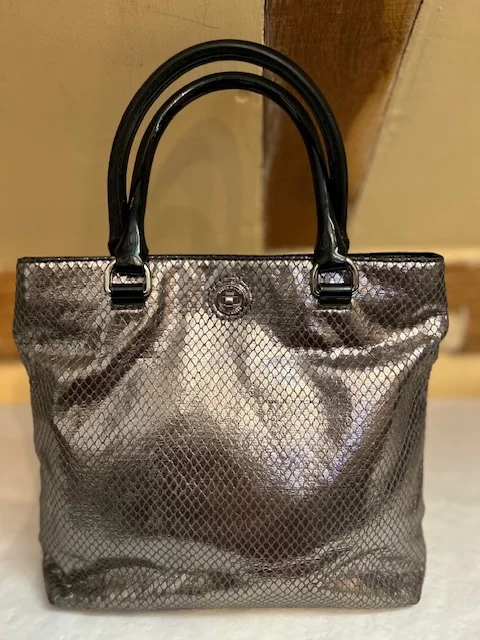 KAREN MILLEN pewter snakeskin leather top handle grab tote handbag