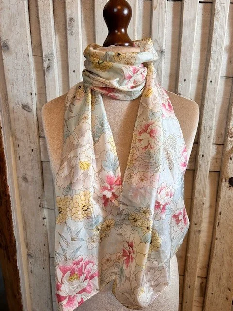 Oriental floral pure silk scarf with bead details