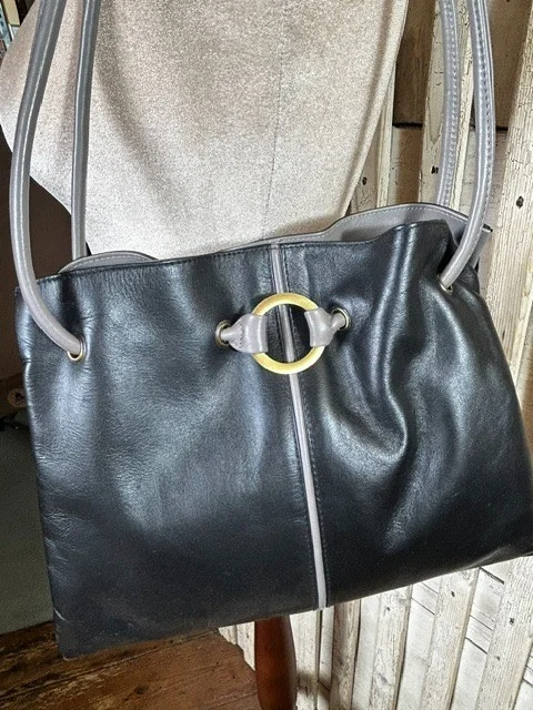 GIGI black & grey buttery soft leather two strap shoulder bag