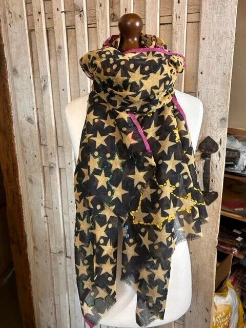 Fine merino wool navy star print embroidered pashmina by Pashmina Love view 2