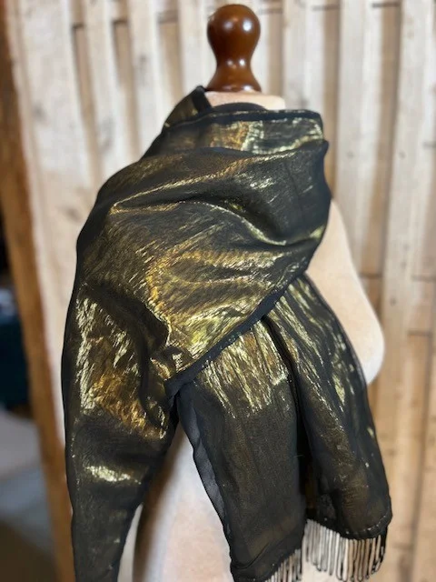 Black gold silky satin evening scarf wrap with black devore flowers & tassels view 3