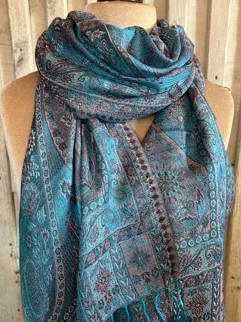 Soft turquoise paisley pure silk Jamawar pashmina shawl by Pashmina Love