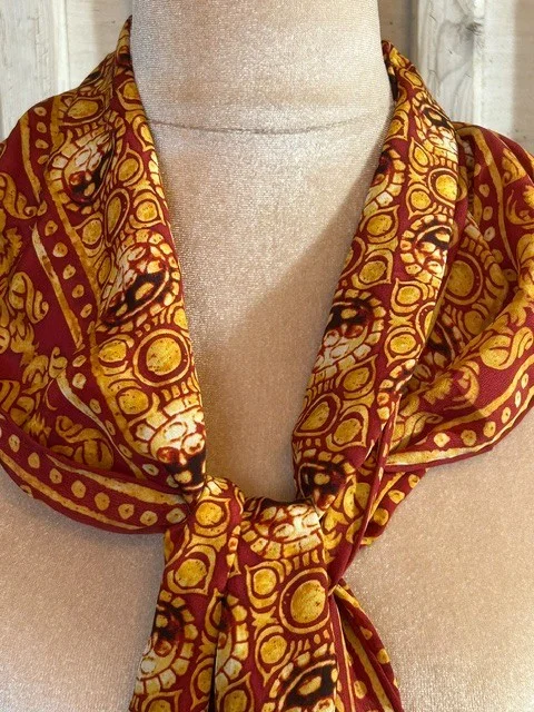 FOX & CHAVE burnt orange ethnic print pure silk long scarf