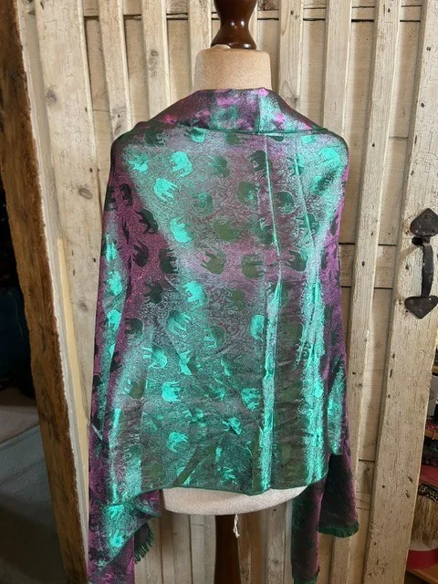 Pure Indian silk green & pink elephant print scarf view 4