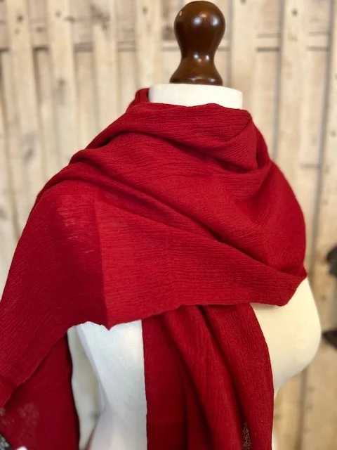 Red unisex fine wool & silk crinkle tassel muffler scarf by Pashmina Love view 2