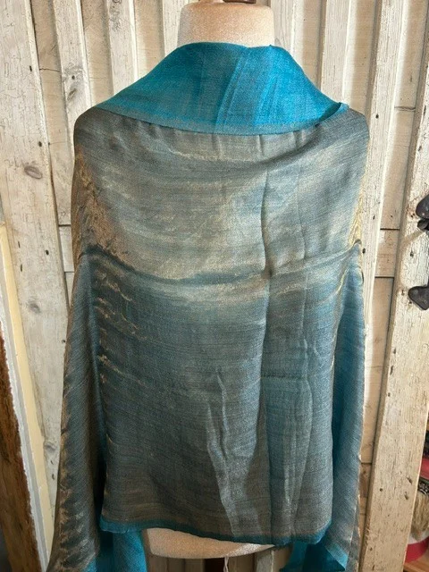 Teal blue wool & silk traditional Zari shimmer pashmina shawl by Pashmina Love view 5