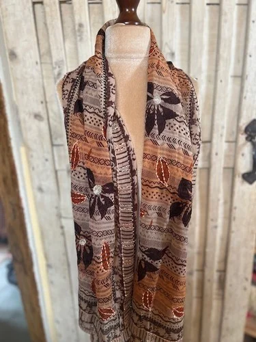 Brown pure silk long patterned scarf with embroidery & sequins view 3