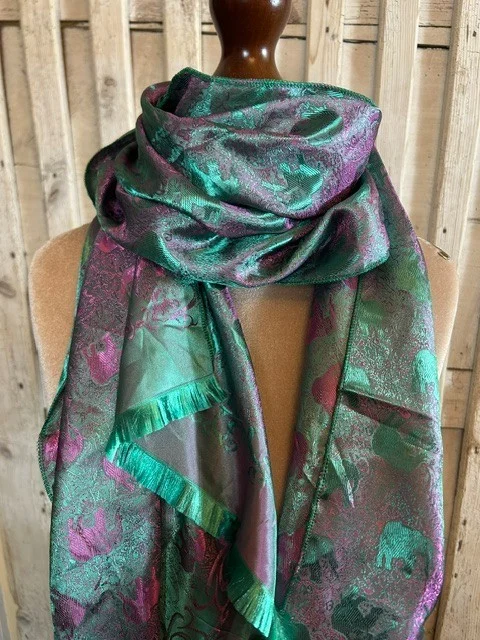Pure Indian silk green & pink elephant print scarf