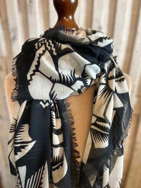 XL Black beige print square fringe edged scarf shawl