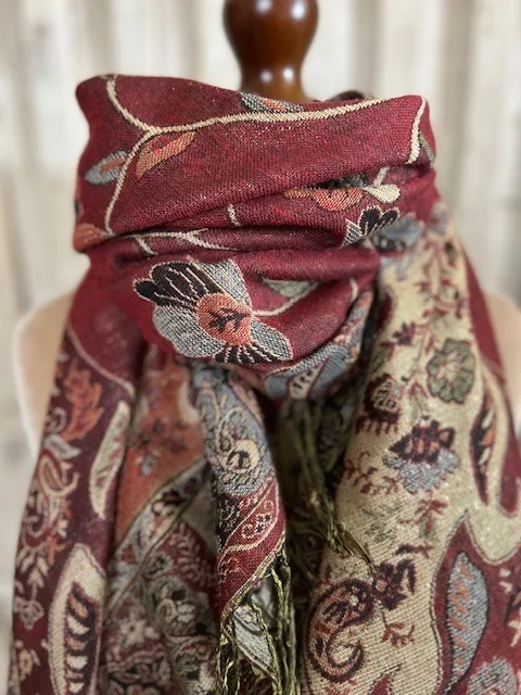 Gorgeous rust tones floral reversible pashmina scarf with gold shimmer thread