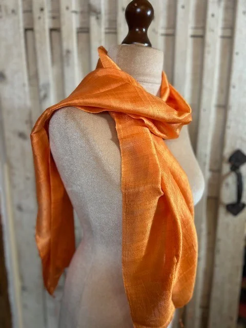 Tangerine orange pure slub silk tassel end muffler scarf view 3