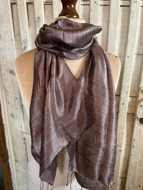 Milk chocolate brown pure slub silk tassel end muffler scarf
