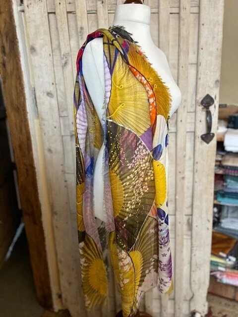 Yellow oriental fans fine woven silk 4 side fringe pashmina by Pashmina Love view 4