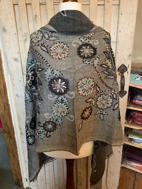 Fine boiled wool grey floral embroidered pashmina by Pashmina Love view 2