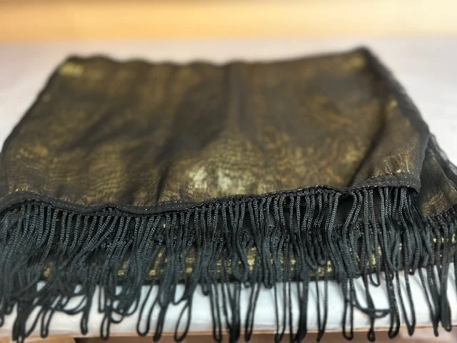 Black gold silky satin evening scarf wrap with black devore flowers & tassels view 8