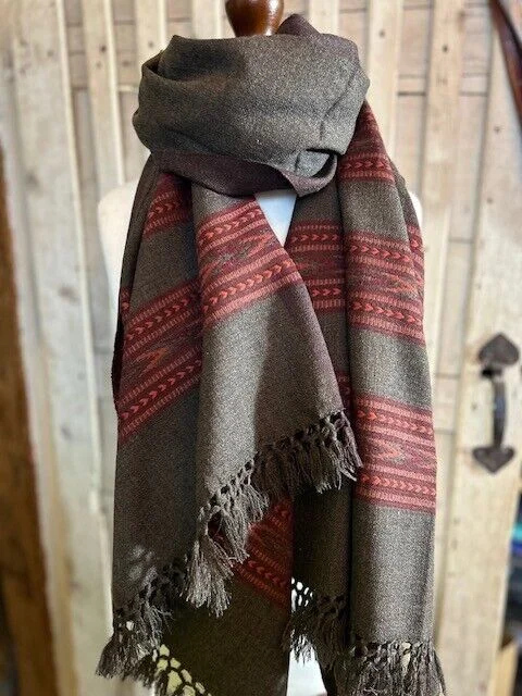Chocolate multi pure wool Kullu Jacquard Aztec design pashmina by Pashmina Love. view 2