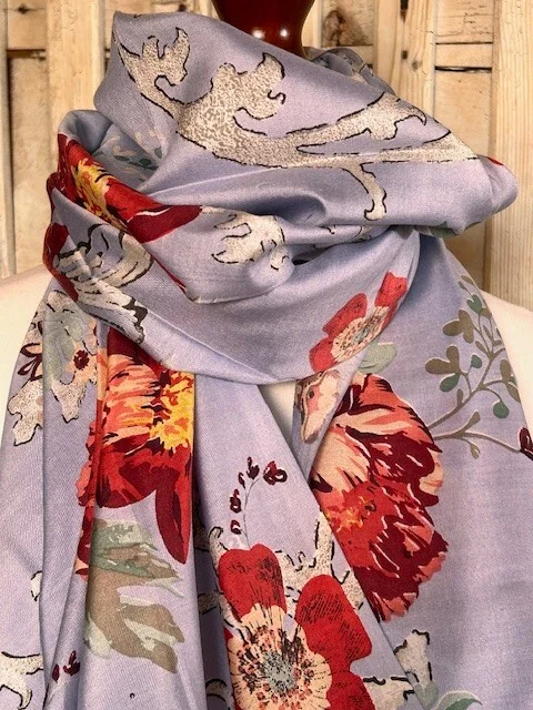 Blue multi bold floral print pure fine silk pashmina Pashmina Love