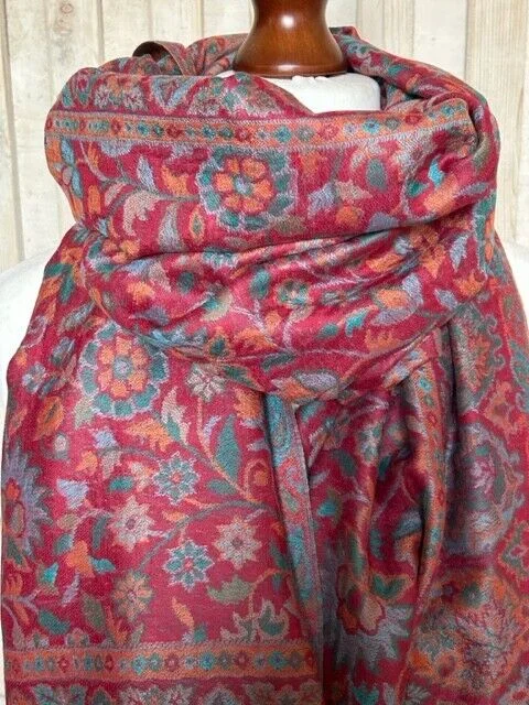 Supreme quality burgundy cashmere traditional Indian Kani floral pashmina