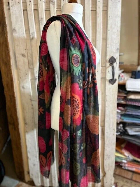 Red rust florals fine lightweight pure luxury wool pashmina by Pashmina Love. view 4