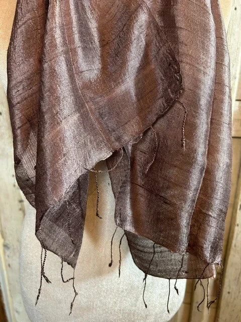 Milk chocolate brown pure slub silk tassel end muffler scarf view 3
