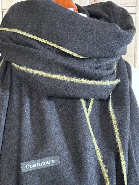 Black fine quality wool yellow stripe edged pashmina by Pashmina Love. view 2