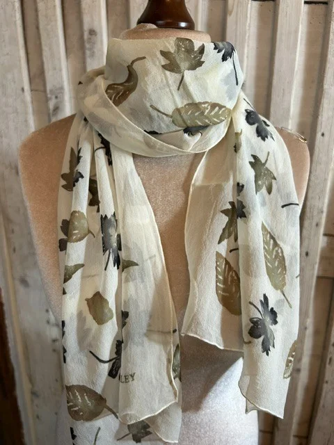 LAURA ASHLEY cream leaf print chiffon long scarf